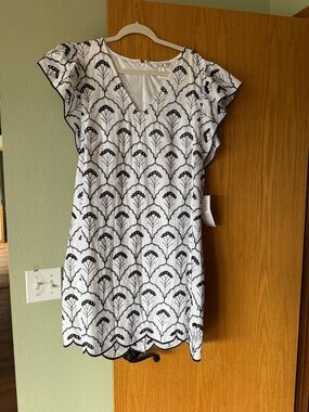 London Times White Dress with Black Floral Embroidery